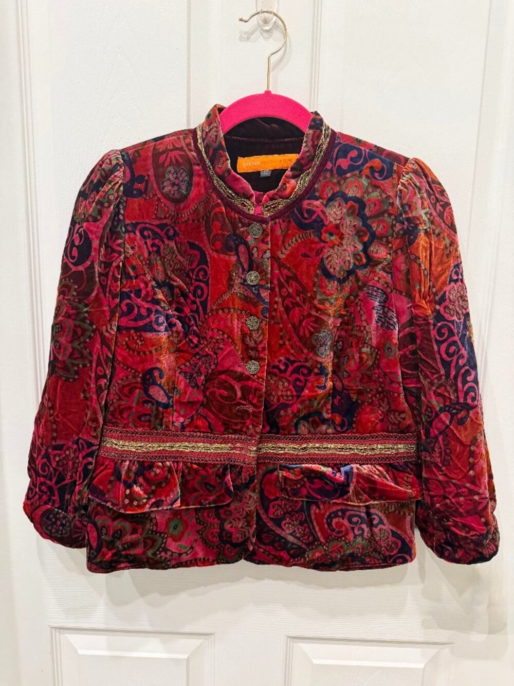 Cynthia Steffe Velvet Paisley Floral Jacket Sz 12 Gold Trim Boho